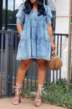 Solid Color Casual Tiered Ruffle Denim Mini Dress
