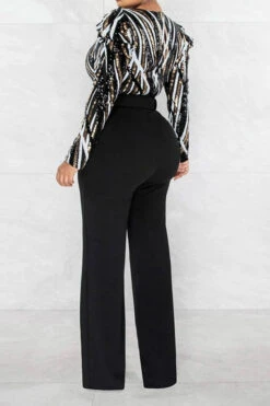 Sequined Party V Neck Belted Jumpsuit -Clothing Outlet Store H23022392 BK 3