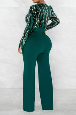 Sequined Party V Neck Belted Jumpsuit -Clothing Outlet Store H23022392 GR 2