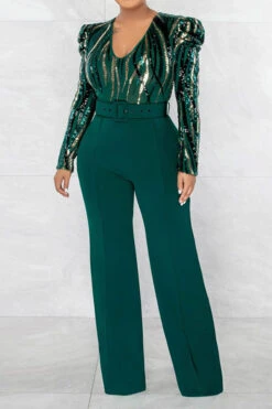 Sequined Party V Neck Belted Jumpsuit -Clothing Outlet Store H23022392 GR 3