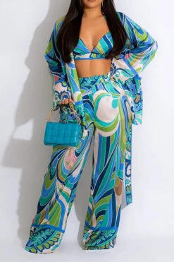 Tribal Floral Print Retro Pant Suit Three Pieces -Clothing Outlet Store H23030273 BL 1