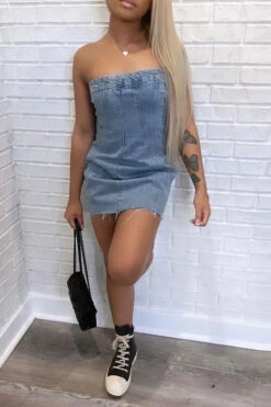 Patchwork Modern Denim Mini Dress -Clothing Outlet Store H23030738 BL 3