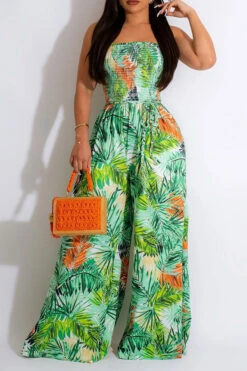 Leaf Print Strap Shirred Urban Wide Leg Jumpsuit