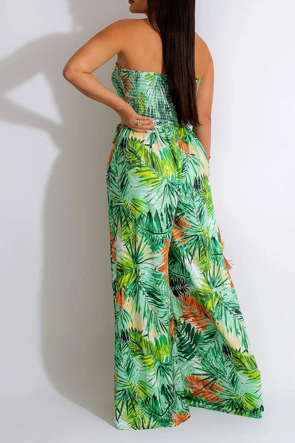 Leaf Print Strap Shirred Urban Wide Leg Jumpsuit 2 Leaf Print Strap Shirred Urban Wide Leg Jumpsuit - Image 2