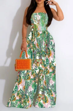 Leaf Print Strap Shirred Urban Wide Leg Jumpsuit 10 Leaf Print Strap Shirred Urban Wide Leg Jumpsuit -Clothing Outlet Store H23030755 YE 1