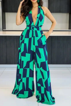 Geometric Print Commuting O-Ring Backless Jumpsuit -Clothing Outlet Store H23030761 GR 3