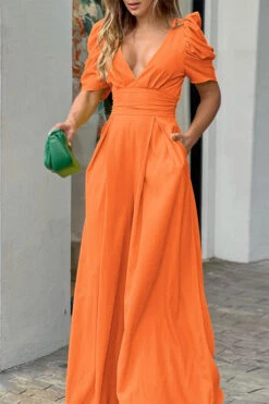 Solid Color Puff Sleeve Pretty Wide Leg Jumpsuit -Clothing Outlet Store H23030762 OR 1