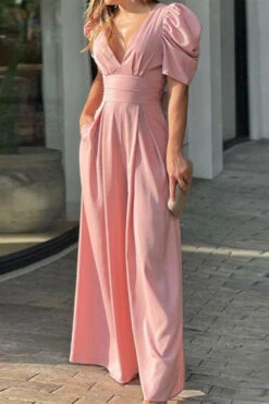 Solid Color Puff Sleeve Pretty Wide Leg Jumpsuit -Clothing Outlet Store H23030762 PI 1