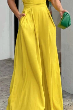 Solid Color Puff Sleeve Pretty Wide Leg Jumpsuit -Clothing Outlet Store H23030762 YE 3