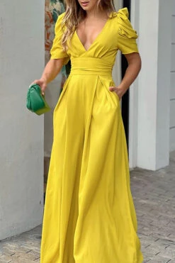 Solid Color Puff Sleeve Pretty Wide Leg Jumpsuit -Clothing Outlet Store H23030762 YE 4