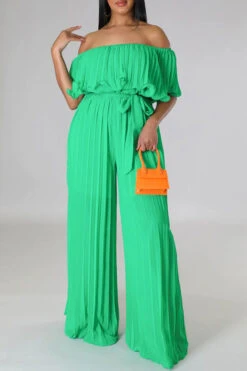 Solid Color Classic Layered Pleated Jumpsuit With Belt -Clothing Outlet Store H23030774 GR 2