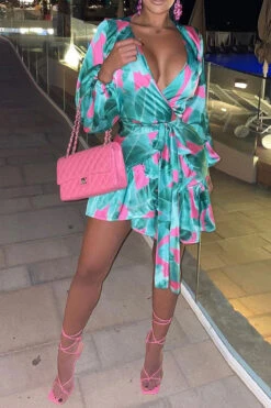 Leaf Print Rocking Lace-Up Ruffle Hem Mini Dress -Clothing Outlet Store H23032014 GR 3