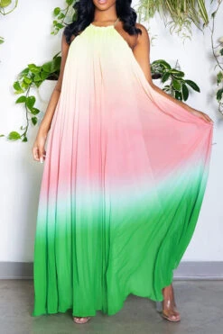 Gradient Simple Backless Flowy Pleated Maxi Dress