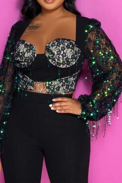 Sequined Patchwork Glamorous Cutout Waist Jumpsuit 5 Sequined Patchwork Glamorous Cutout Waist Jumpsuit -Clothing Outlet Store H23032082 BK 3