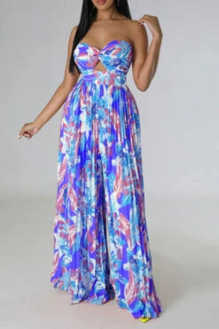 Floral Print Twisted Detail On-trend Pleated Jumpsuit -Clothing Outlet Store H23032089 BL 1