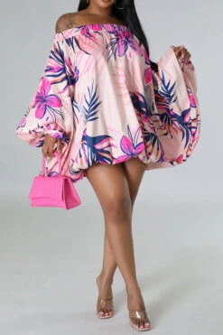 Floral Print Tropical Off Shoulder Bubble Mini Dress