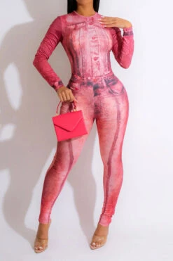 Denim Print Casual Bodycon Jumpsuit -Clothing Outlet Store H23040347 RE 1