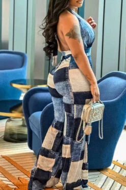 Checked Smart Cross Halter Jumpsuit 6 Checked Smart Cross Halter Jumpsuit -Clothing Outlet Store H23040351 BL 3