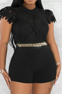 Leaf Pattern Lace Sweet Chain Decor Romper 15 Leaf Pattern Lace Sweet Chain Decor Romper -Clothing Outlet Store H23040357 BK 1