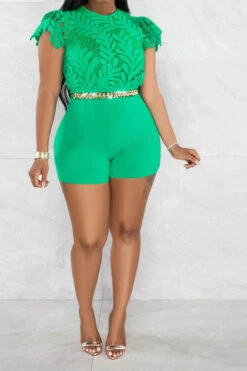 Leaf Pattern Lace Sweet Chain Decor Romper 20 Leaf Pattern Lace Sweet Chain Decor Romper -Clothing Outlet Store H23040357 GR 3