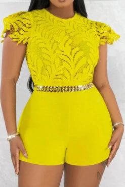 Leaf Pattern Lace Sweet Chain Decor Romper 21 Leaf Pattern Lace Sweet Chain Decor Romper -Clothing Outlet Store H23040357 YE 1