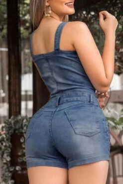 Ripped Feminine Button Thru Denim Suspenders Romper -Clothing Outlet Store H23040374 BL 3