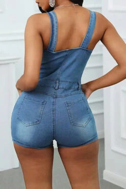 Ripped Feminine Button Thru Denim Suspenders Romper -Clothing Outlet Store H23040374 BL 4