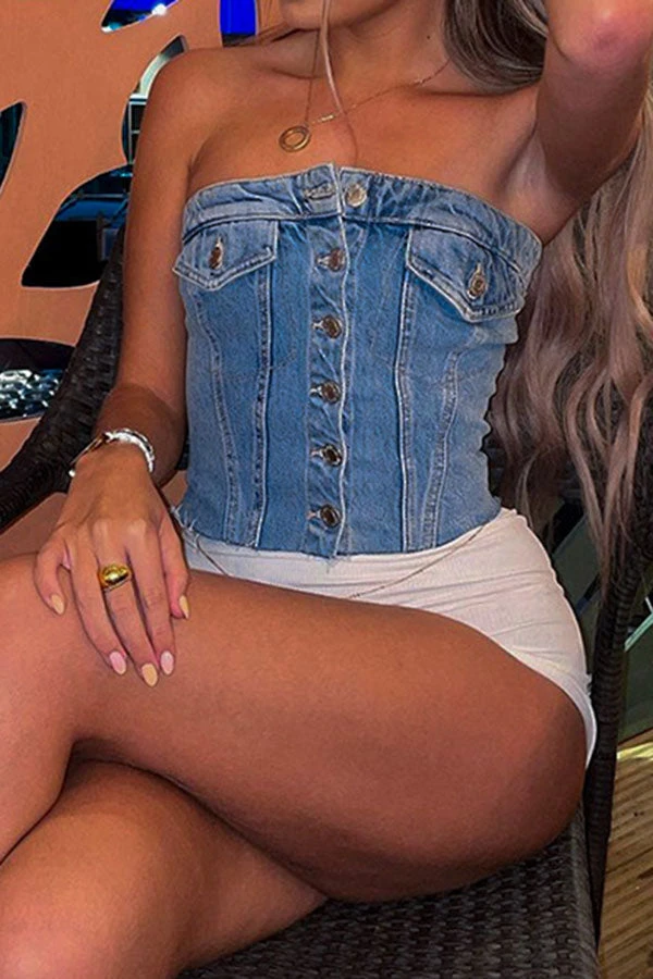 Solid Color Simple Button Thru Denim Camisole 4 Solid Color Simple Button Thru Denim Camisole - Image 4