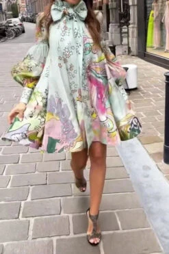 Cartoon Star Print Cute Pussy Bow Mini Dress -Clothing Outlet Store H23041113 RT 1