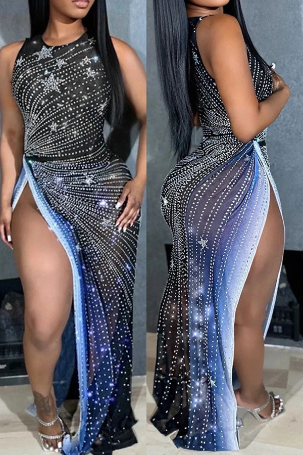 Rhinestone Party High Split See-Through Gradient Maxi Dress 2 Rhinestone Party High Split See-Through Gradient Maxi Dress - Image 2