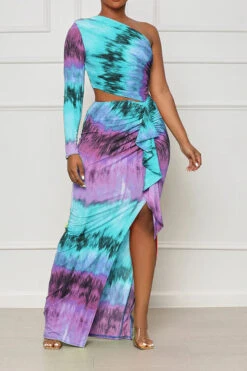 Tie Dye Colorful Ruffle Asymmetric Maxi Dress 14 Tie Dye Colorful Ruffle Asymmetric Maxi Dress -Clothing Outlet Store H23041178 BL 1