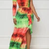 Tie Dye Colorful Ruffle Asymmetric Maxi Dress