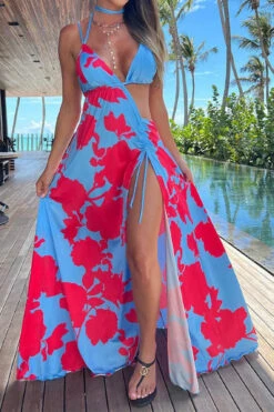 Floral Print Unique Lace-Up Asymmetric Maxi Dress