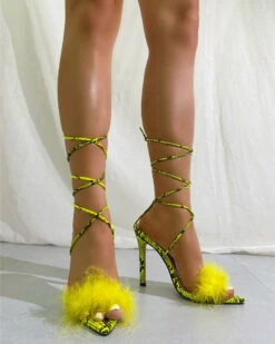 Snake Print Feather Trim Hot Strappy Sandals -Clothing Outlet Store H23041446 YE 1
