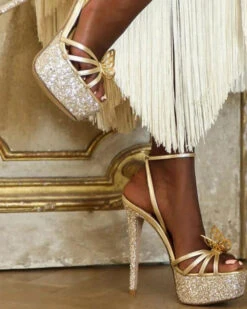 Butterfly Decor Multi-Strap Glistening Buckled Sandals