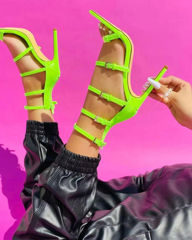 Solid Color Bright Buckled Design Pointed Toe Sandals 2 Solid Color Bright Buckled Design Pointed Toe Sandals - Image 2