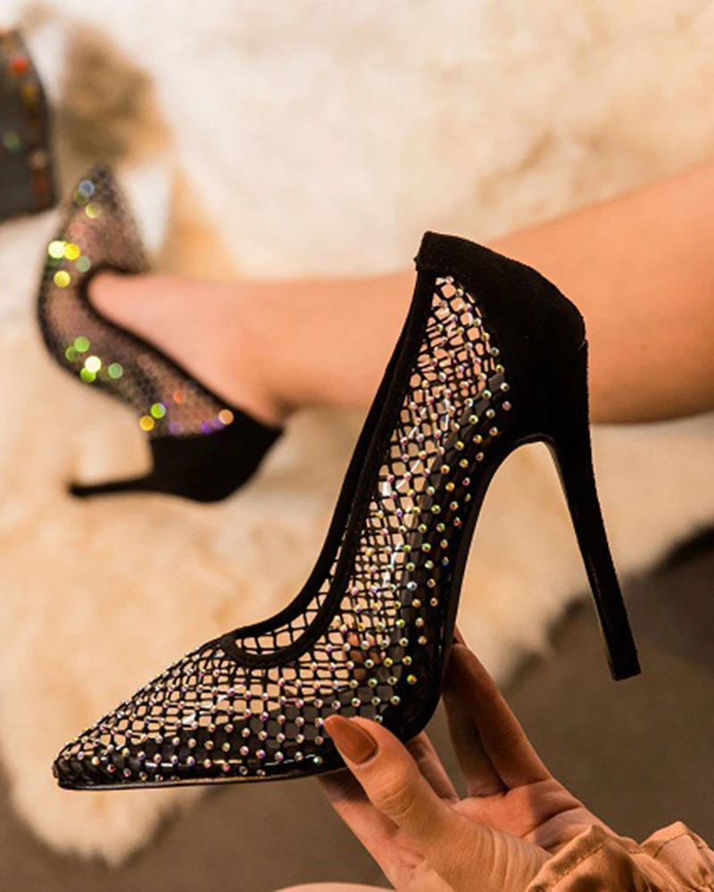 Rhinestone Party Fishnet Patchwork Clear Sandals 2 Rhinestone Party Fishnet Patchwork Clear Sandals - Image 2