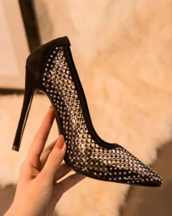 Rhinestone Party Fishnet Patchwork Clear Sandals 5 Rhinestone Party Fishnet Patchwork Clear Sandals -Clothing Outlet Store H23041478 BK 3