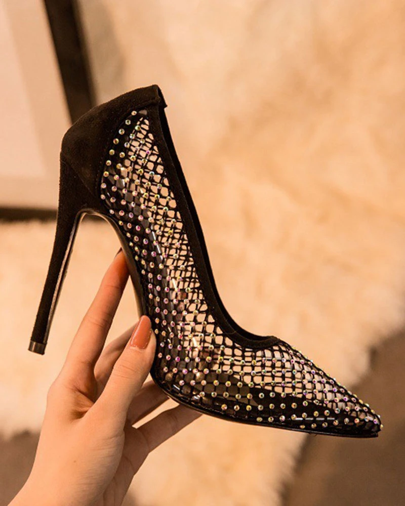 Rhinestone Party Fishnet Patchwork Clear Sandals 3 Rhinestone Party Fishnet Patchwork Clear Sandals - Image 3