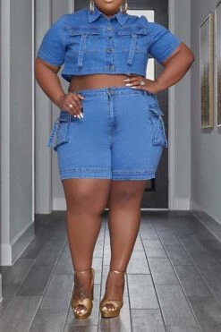 Solid Color Modern Multi Pocket Denim Pant Suit -Clothing Outlet Store H23041923 BL 6