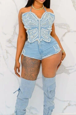 Butterfly-Shaped Rhinestone Trim Hot Denim Pant Suit 10 Butterfly-Shaped Rhinestone Trim Hot Denim Pant Suit -Clothing Outlet Store H23041925 BL 5