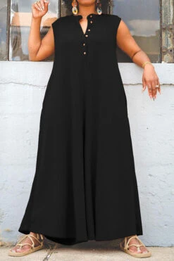 Solid Color Relaxed Wide Leg Jumpsuit -Clothing Outlet Store H23041934 BK 2