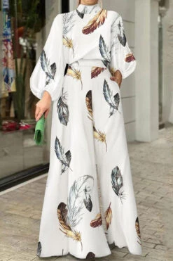 Feather Print Chic Tie Back Wide Leg Jumpsuit