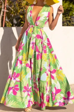 Floral Print Tropical Belted High Split Maxi Dress -Clothing Outlet Store H23041945 RT 4