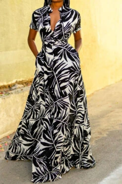 Floral Print Pretty Belted Side Split Maxi Dress -Clothing Outlet Store H23041946 BK 3