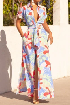 Floral Print Pretty Belted Side Split Maxi Dress