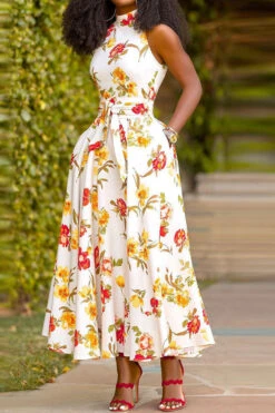 Floral Print Sweet Belted Swing Midi Dress