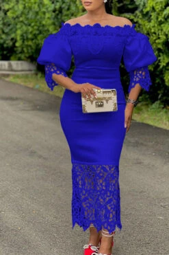 Lace Patchwork Elegant Off Shoulder Midi Dress -Clothing Outlet Store H23041963 BL 1