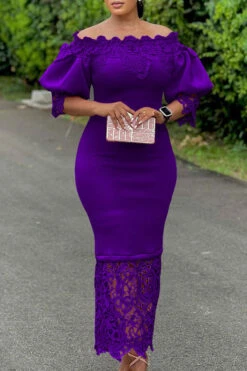 Lace Patchwork Elegant Off Shoulder Midi Dress -Clothing Outlet Store H23041963 PU 1