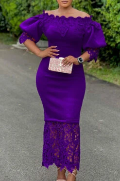 Lace Patchwork Elegant Off Shoulder Midi Dress -Clothing Outlet Store H23041963 PU 2